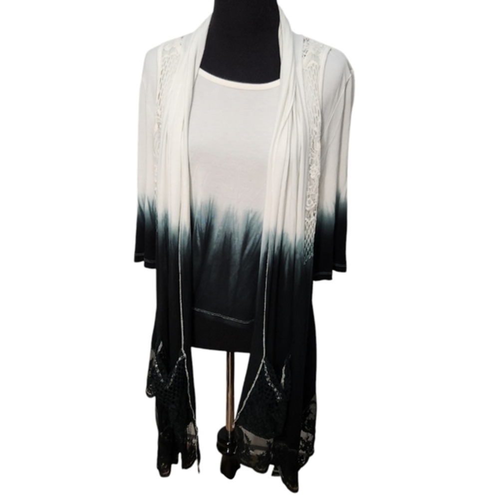 Ombre Vintage Concept Lace Trimmed Blouse with Attached Open Jacket Size Small